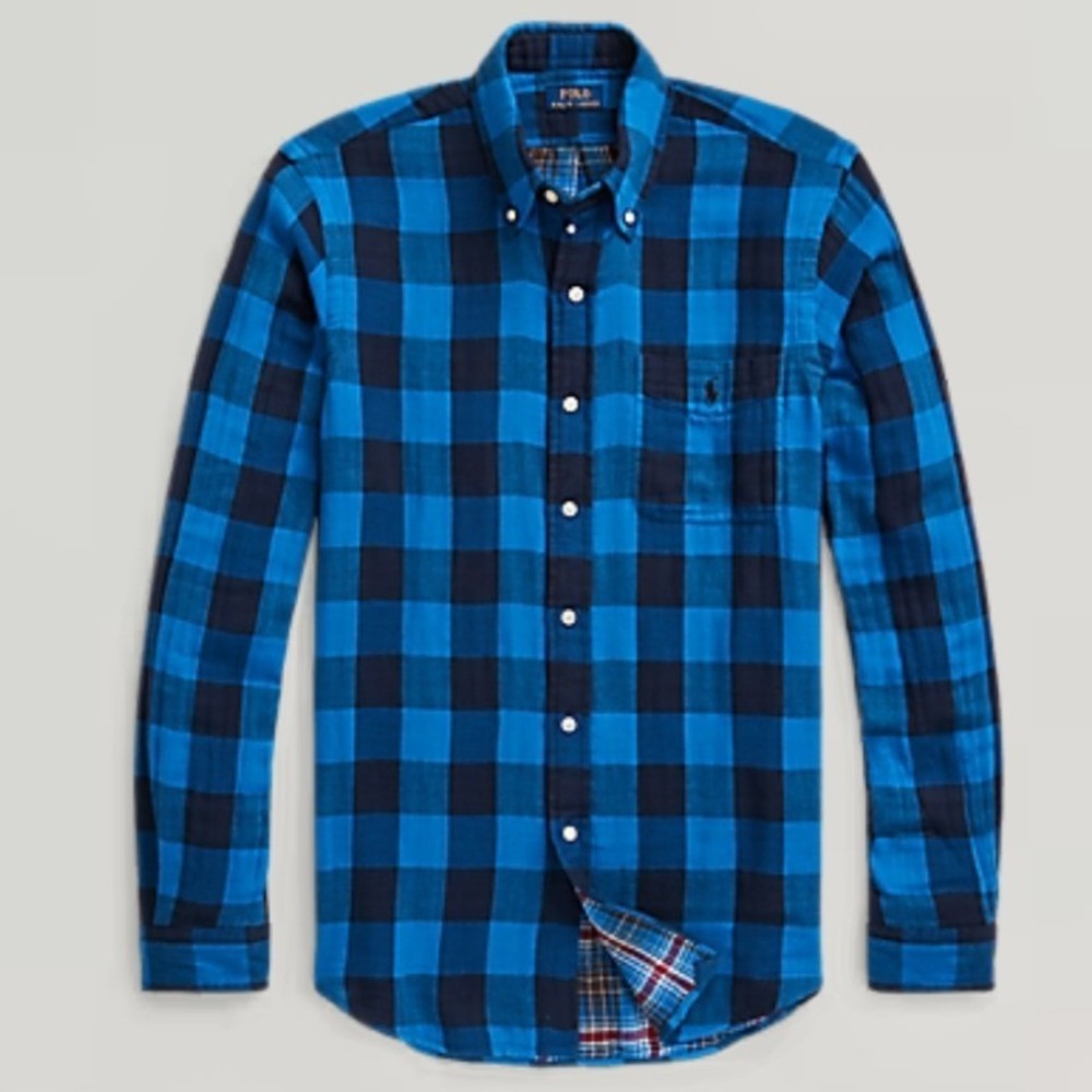 Polo Ralph Lauren Double Faced Shirt XXL Checked Plaid Reversible Interior Blue